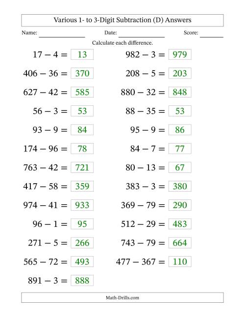 The Horizontally Arranged Various One-Digit to Three-Digit Subtraction(25 Questions; Large Print) (D) Math Worksheet Page 2