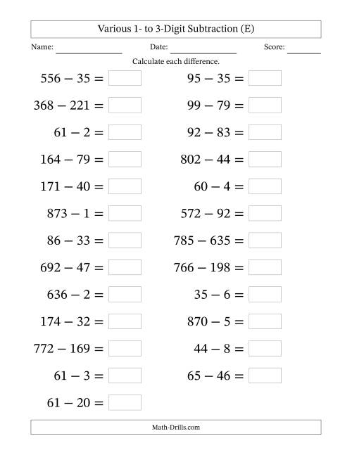 The Horizontally Arranged Various One-Digit to Three-Digit Subtraction(25 Questions; Large Print) (E) Math Worksheet