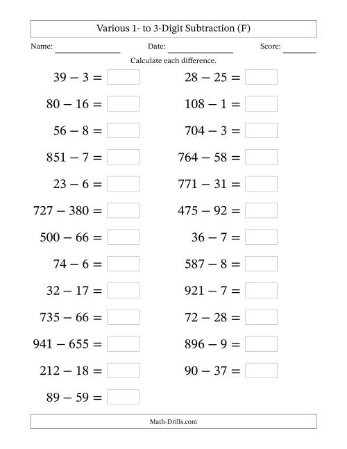 The Horizontally Arranged Various One-Digit to Three-Digit Subtraction(25 Questions; Large Print) (F) Math Worksheet
