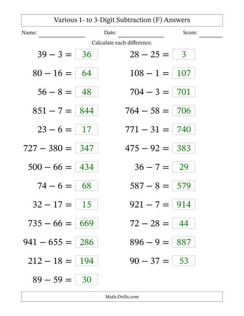 The Horizontally Arranged Various One-Digit to Three-Digit Subtraction(25 Questions; Large Print) (F) Math Worksheet Page 2