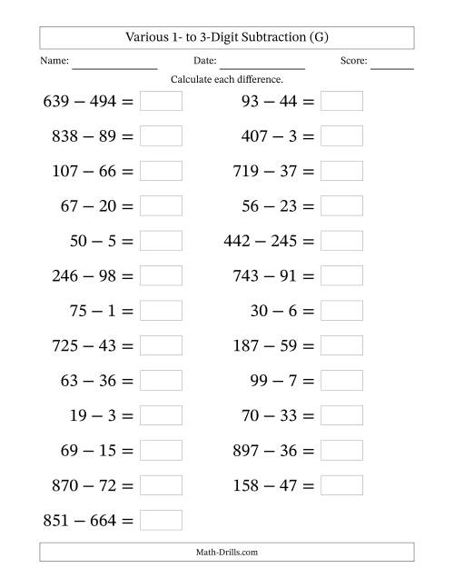 The Horizontally Arranged Various One-Digit to Three-Digit Subtraction(25 Questions; Large Print) (G) Math Worksheet
