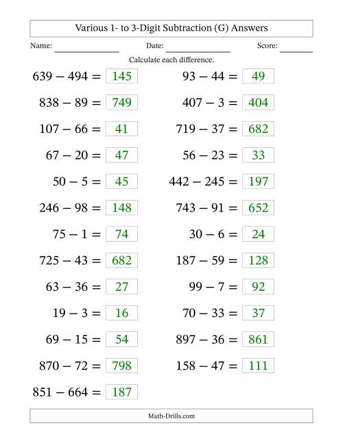 The Horizontally Arranged Various One-Digit to Three-Digit Subtraction(25 Questions; Large Print) (G) Math Worksheet Page 2