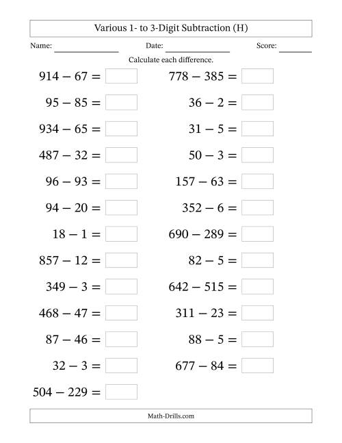 The Horizontally Arranged Various One-Digit to Three-Digit Subtraction(25 Questions; Large Print) (H) Math Worksheet