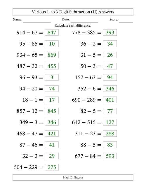 The Horizontally Arranged Various One-Digit to Three-Digit Subtraction(25 Questions; Large Print) (H) Math Worksheet Page 2