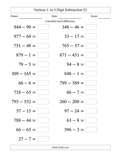 The Horizontally Arranged Various One-Digit to Three-Digit Subtraction(25 Questions; Large Print) (I) Math Worksheet