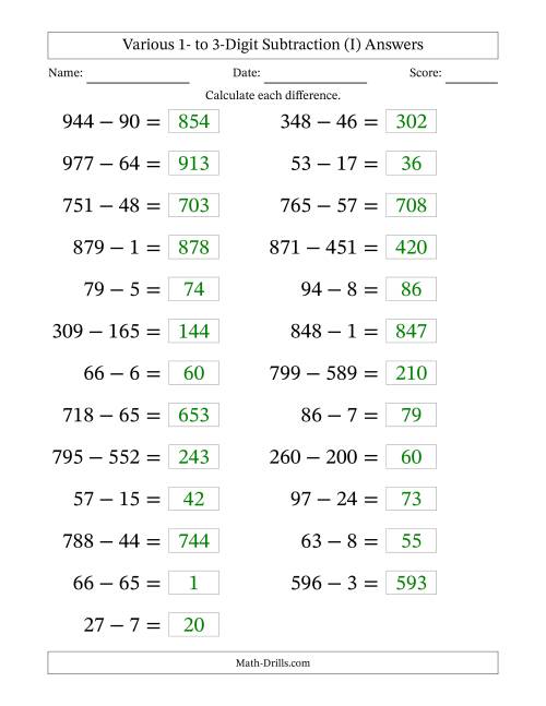 The Horizontally Arranged Various One-Digit to Three-Digit Subtraction(25 Questions; Large Print) (I) Math Worksheet Page 2