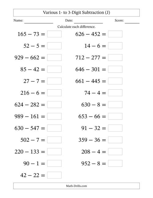 The Horizontally Arranged Various One-Digit to Three-Digit Subtraction(25 Questions; Large Print) (J) Math Worksheet