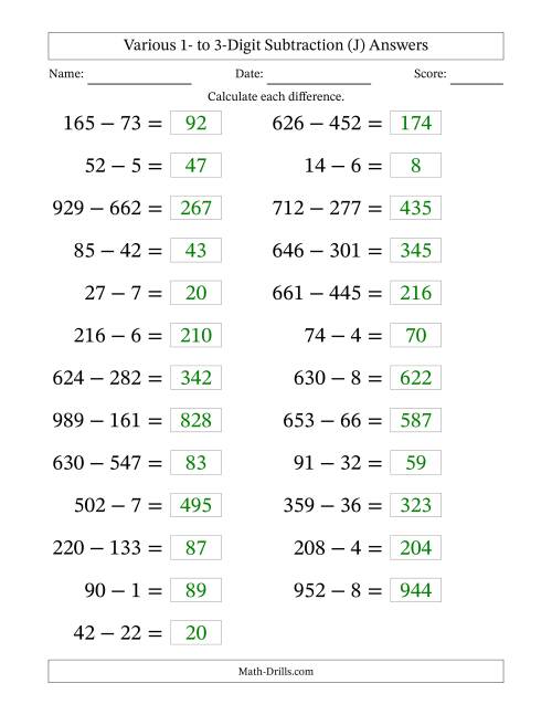 The Horizontally Arranged Various One-Digit to Three-Digit Subtraction(25 Questions; Large Print) (J) Math Worksheet Page 2
