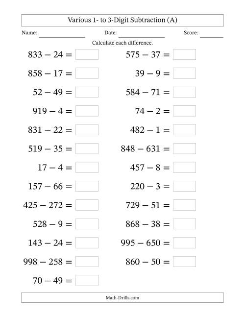 The Horizontally Arranged Various One-Digit to Three-Digit Subtraction(25 Questions; Large Print) (All) Math Worksheet