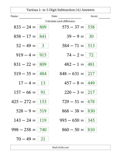 The Horizontally Arranged Various One-Digit to Three-Digit Subtraction(25 Questions; Large Print) (All) Math Worksheet Page 2