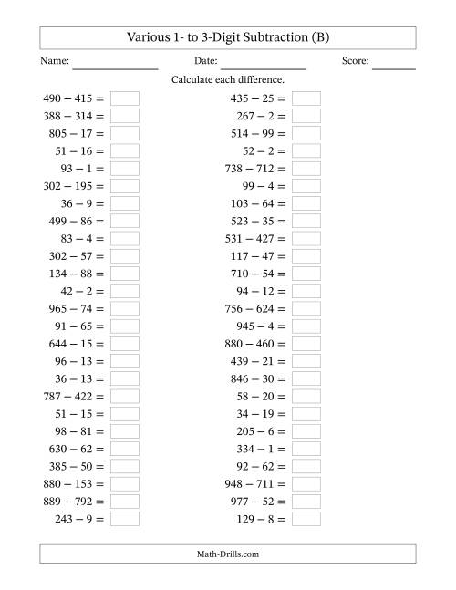 The Horizontally Arranged Various One-Digit to Three-Digit Subtraction(50 Questions) (B) Math Worksheet