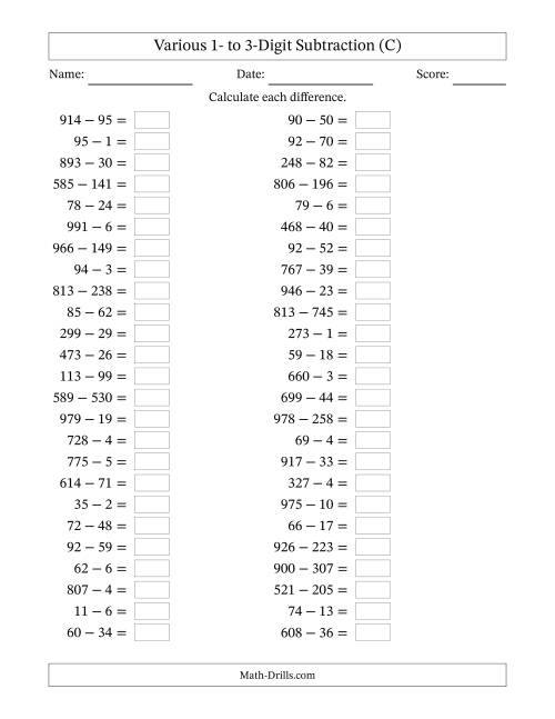 The Horizontally Arranged Various One-Digit to Three-Digit Subtraction(50 Questions) (C) Math Worksheet
