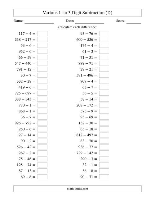 The Horizontally Arranged Various One-Digit to Three-Digit Subtraction(50 Questions) (D) Math Worksheet