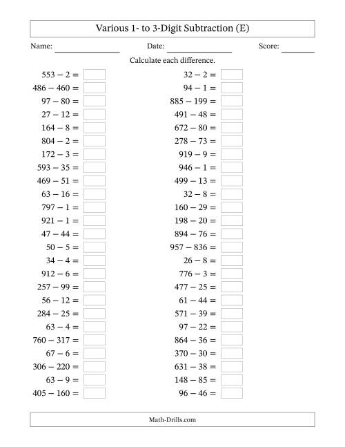 The Horizontally Arranged Various One-Digit to Three-Digit Subtraction(50 Questions) (E) Math Worksheet