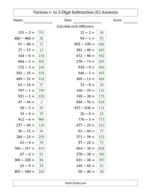 The Horizontally Arranged Various One-Digit to Three-Digit Subtraction(50 Questions) (E) Math Worksheet Page 2