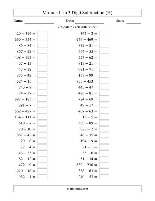 The Horizontally Arranged Various One-Digit to Three-Digit Subtraction(50 Questions) (H) Math Worksheet
