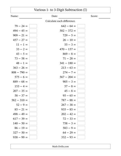 The Horizontally Arranged Various One-Digit to Three-Digit Subtraction(50 Questions) (I) Math Worksheet