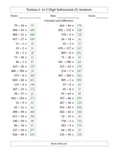 The Horizontally Arranged Various One-Digit to Three-Digit Subtraction(50 Questions) (I) Math Worksheet Page 2