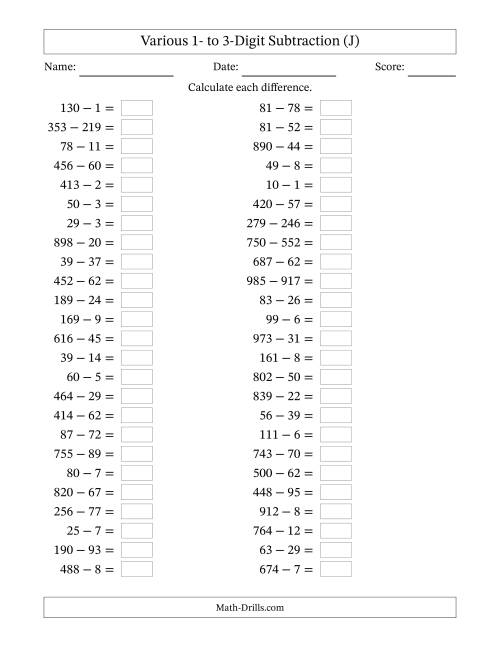 The Horizontally Arranged Various One-Digit to Three-Digit Subtraction(50 Questions) (J) Math Worksheet