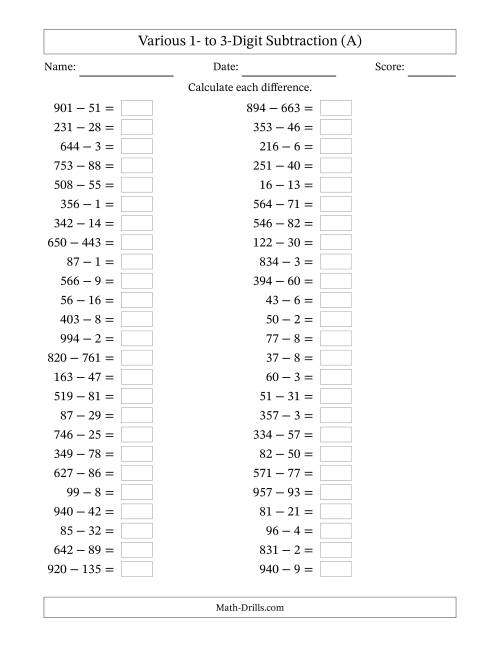 The Horizontally Arranged Various One-Digit to Three-Digit Subtraction(50 Questions) (All) Math Worksheet