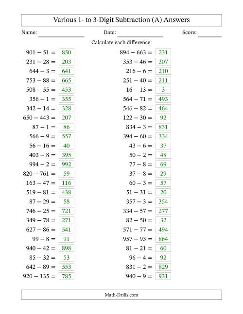 The Horizontally Arranged Various One-Digit to Three-Digit Subtraction(50 Questions) (All) Math Worksheet Page 2