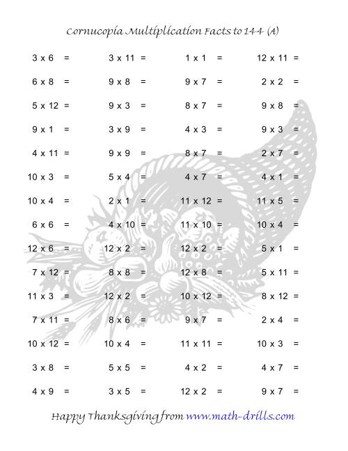 Cornucopia Multiplication Facts to 144 (A) Thanksgiving Math Worksheet