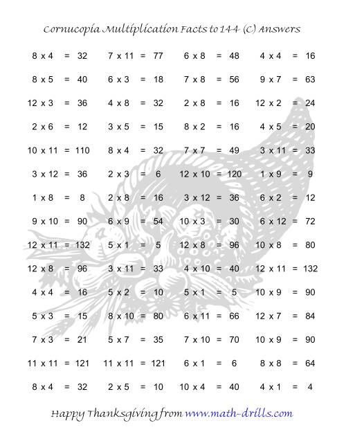 The Cornucopia Multiplication Facts to 144 (C) Math Worksheet Page 2