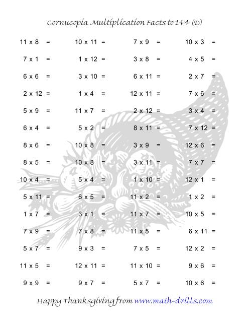 The Cornucopia Multiplication Facts to 144 (D) Math Worksheet