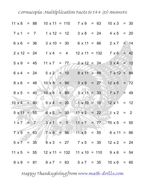 The Cornucopia Multiplication Facts to 144 (D) Math Worksheet Page 2