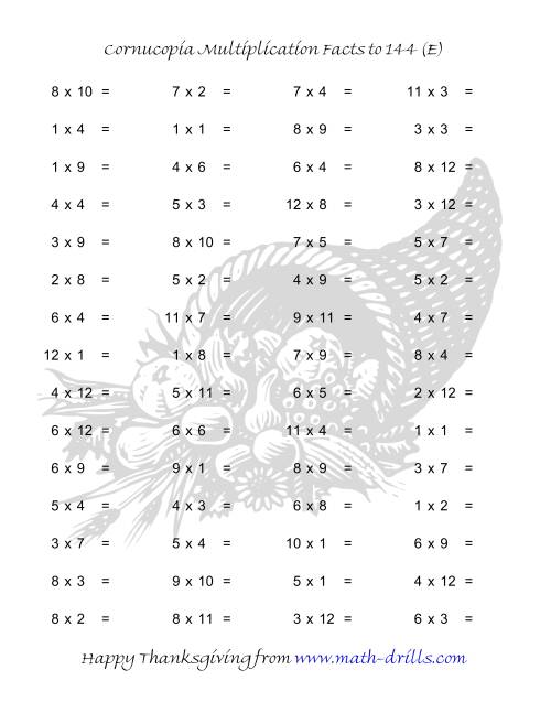 The Cornucopia Multiplication Facts to 144 (E) Math Worksheet