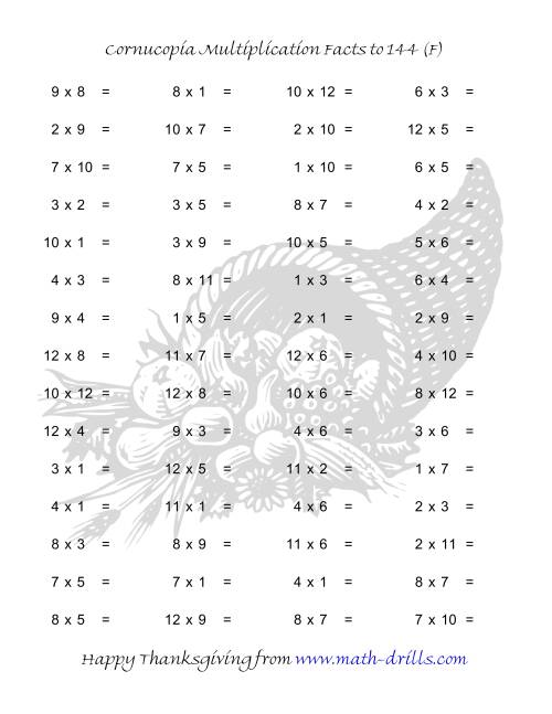The Cornucopia Multiplication Facts to 144 (F) Math Worksheet
