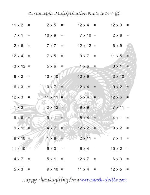 The Cornucopia Multiplication Facts to 144 (G) Math Worksheet