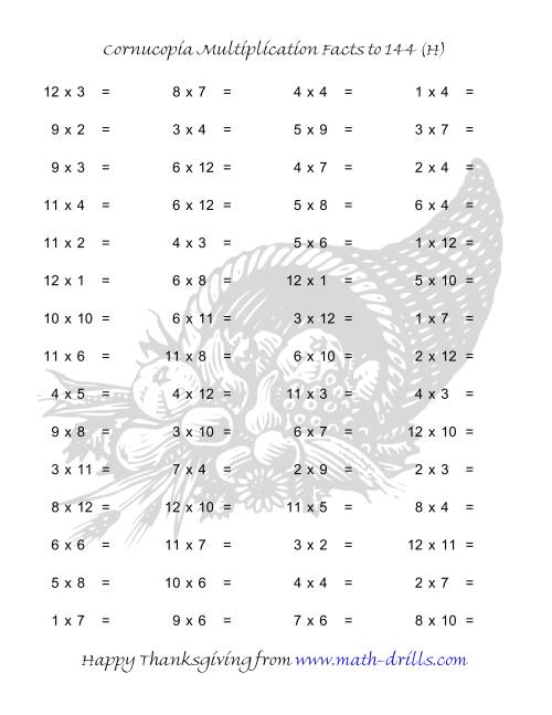 The Cornucopia Multiplication Facts to 144 (H) Math Worksheet