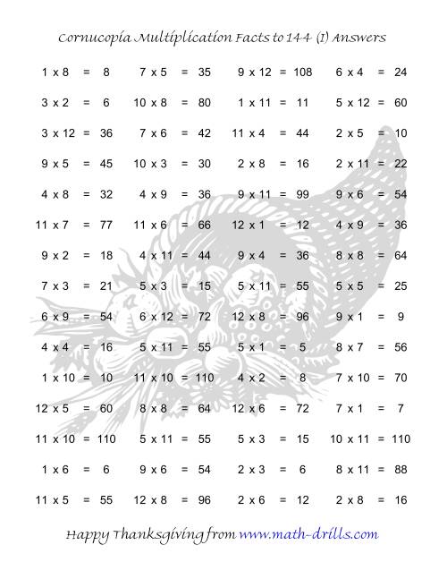 The Cornucopia Multiplication Facts to 144 (I) Math Worksheet Page 2