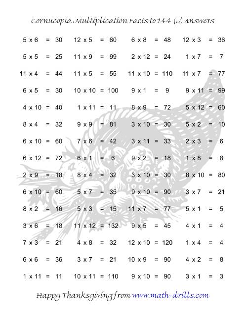The Cornucopia Multiplication Facts to 144 (J) Math Worksheet Page 2