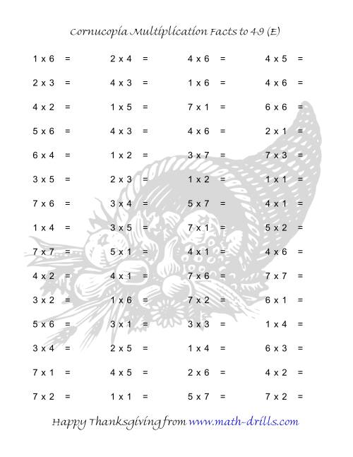 The Cornucopia Multiplication Facts to 49 (E) Math Worksheet