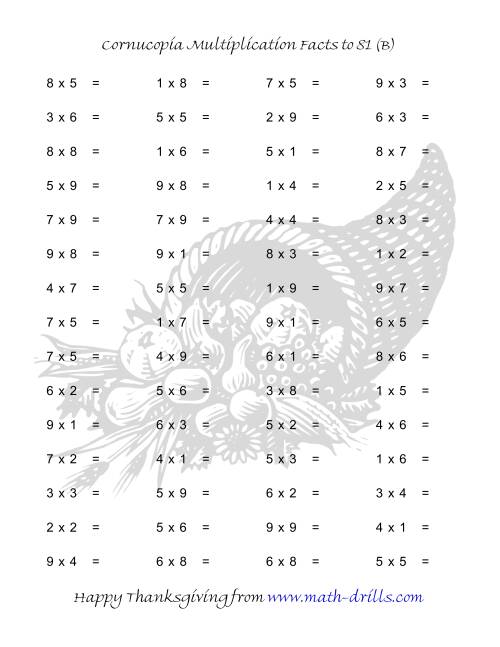 The Cornucopia Multiplication Facts to 81 (B) Math Worksheet
