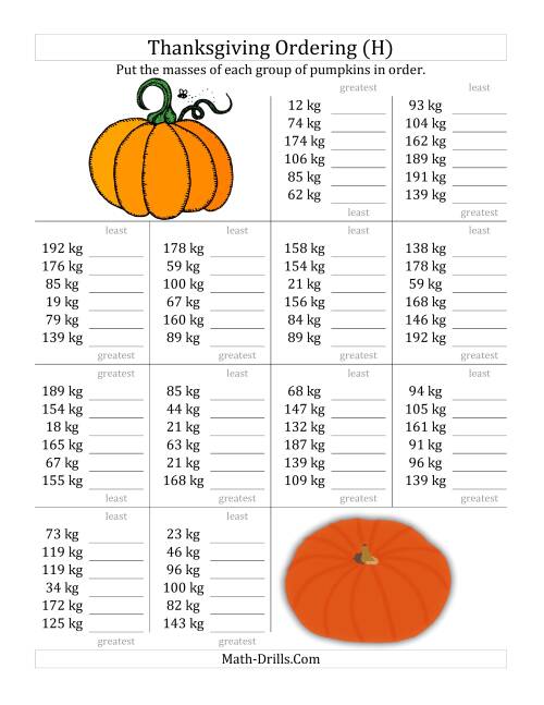 The Ordering Pumpkin Masses in Kilograms (H) Math Worksheet