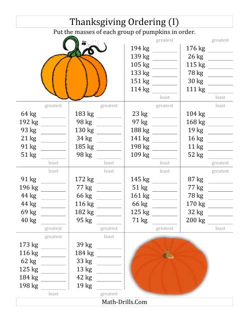 The Ordering Pumpkin Masses in Kilograms (I) Math Worksheet