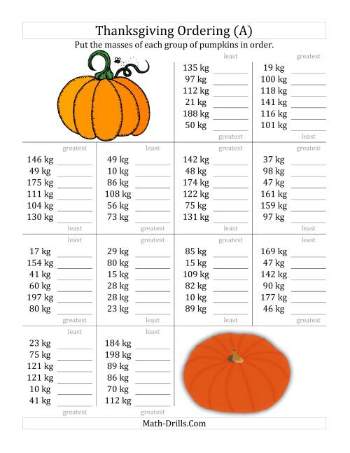 The Ordering Pumpkin Masses in Kilograms (All) Math Worksheet