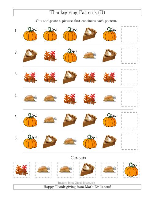 The Thanksgiving Picture Patterns with Shape Attribute Only (B) Math Worksheet