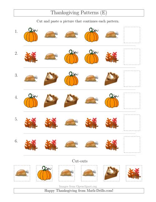 The Thanksgiving Picture Patterns with Shape Attribute Only (E) Math Worksheet