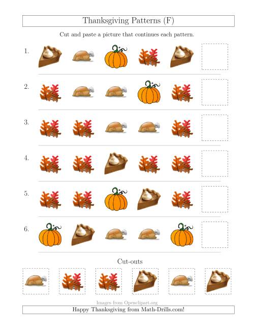 The Thanksgiving Picture Patterns with Shape Attribute Only (F) Math Worksheet