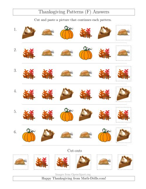 The Thanksgiving Picture Patterns with Shape Attribute Only (F) Math Worksheet Page 2
