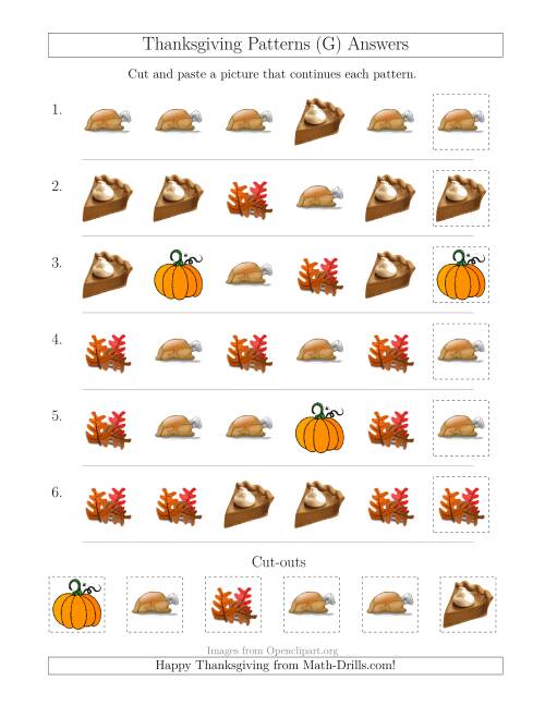 The Thanksgiving Picture Patterns with Shape Attribute Only (G) Math Worksheet Page 2