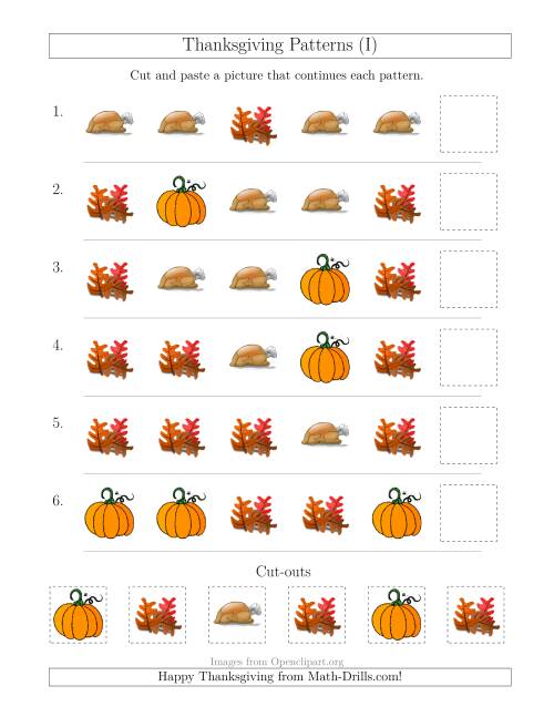 The Thanksgiving Picture Patterns with Shape Attribute Only (I) Math Worksheet