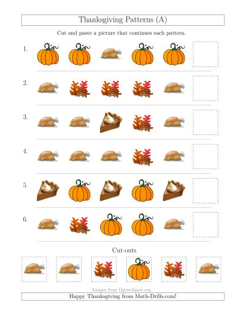 The Thanksgiving Picture Patterns with Shape Attribute Only (All) Math Worksheet