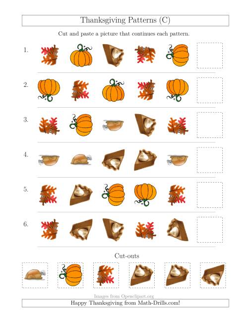 The Thanksgiving Picture Patterns with Shape and Rotation Attributes (C) Math Worksheet
