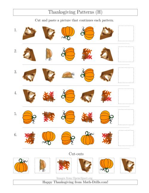 The Thanksgiving Picture Patterns with Shape and Rotation Attributes (H) Math Worksheet