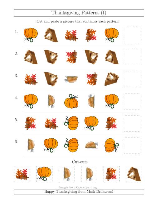 The Thanksgiving Picture Patterns with Shape and Rotation Attributes (I) Math Worksheet